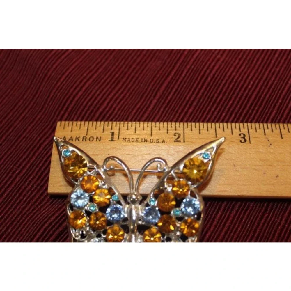 Vintage White Blue and Amber Rhinestone Butterfly Silver Color Brooch/Pin